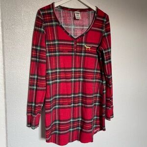 Victoria's Secret PINK Red Gold Holiday Plaid Henley Thermal Sleepshirt Size L/G